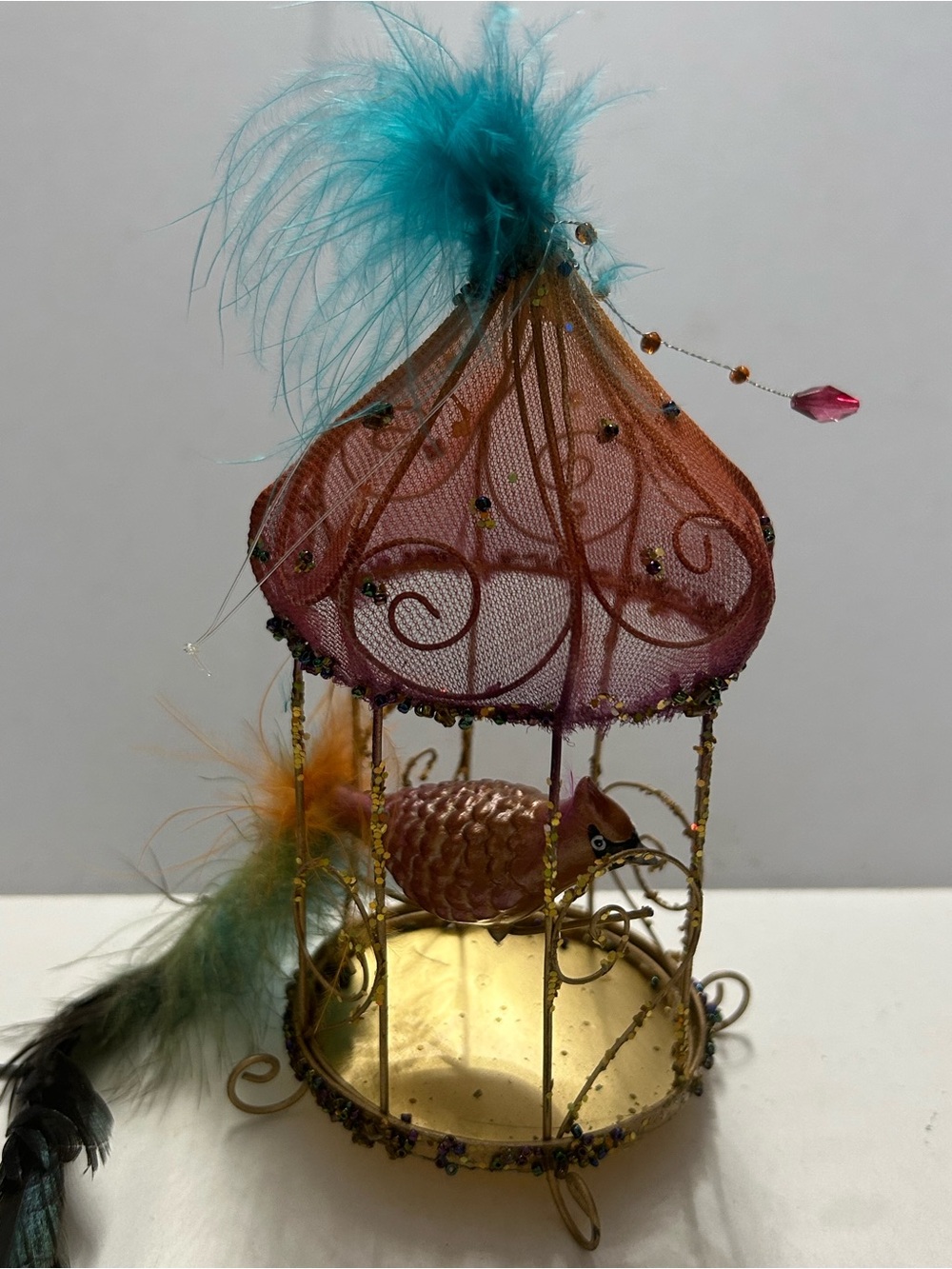 Metal Bird Cage Ornament with Bird Feathers and Beads Gold Ornate Sparkle Metall